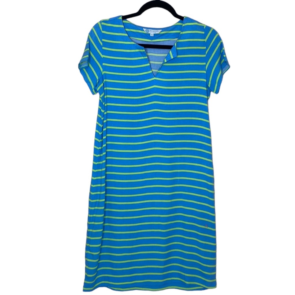 Escapada Living Blue/Lime Green Striped Short Sleeve Scoop V Cut Shift Dress XS